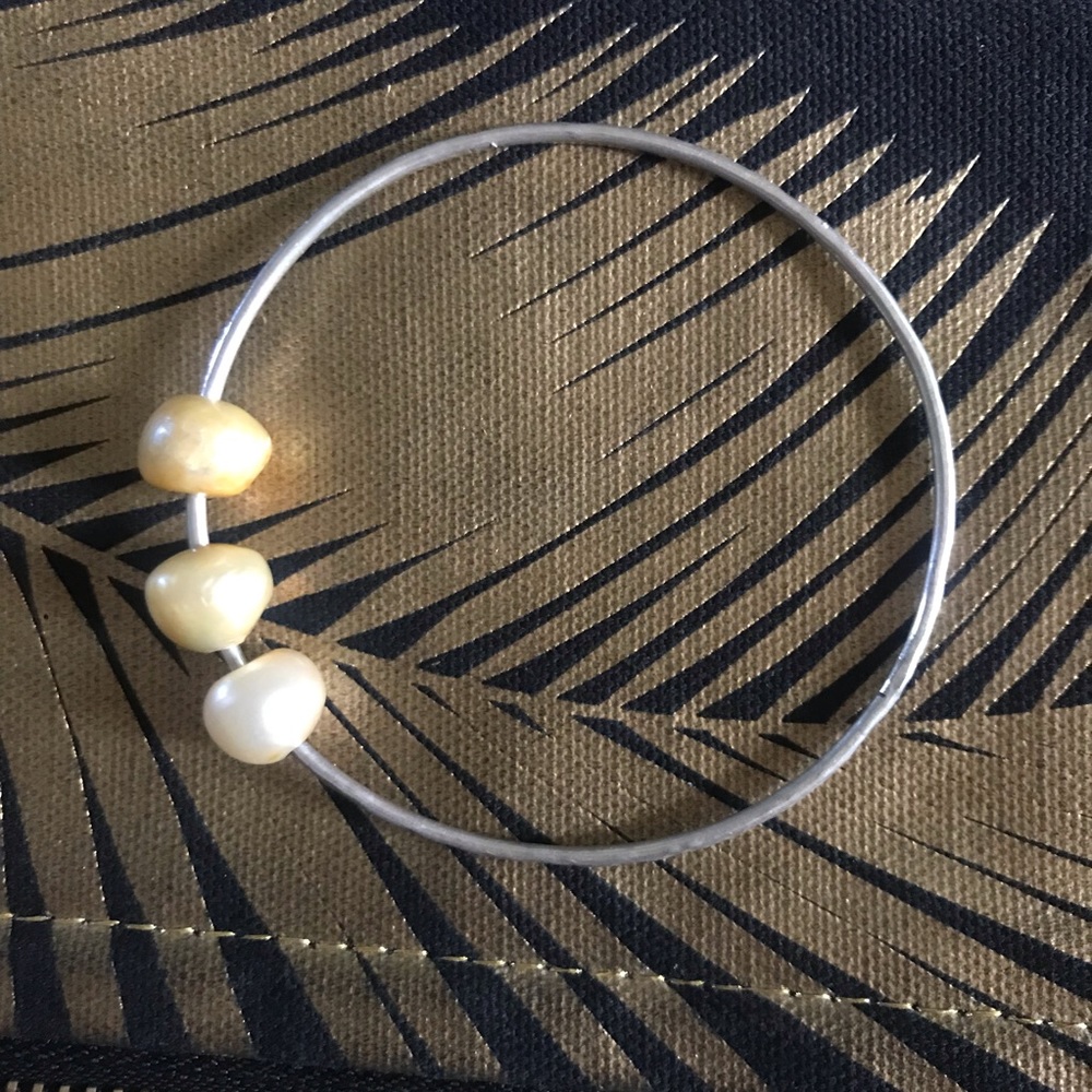 Triple Yellow Freshwater Pearl Fine Silver Bangle